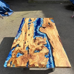Olive Wood Epoxy Table, Custom 60” X 30” Olive Wood Table, Deep Blue ...
