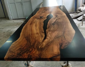 Walnut Dining Table, Custom 108” x 48 Black Epoxy Table, Gold Leaf Table,  River Table, Live Edge Table, Epoxy Dining Table for Stella