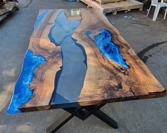 Walnut Dining Table, Custom 60” Walnut Smoke, Blue and White Ocean Waves Epoxy Table, River Dining Shiny Epoxy River Table for Michael S