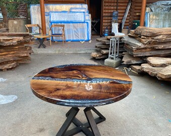 Unique Coffee Table, Handmade Coffee Table, Custom 50” Diameter Round Table, Walnut Wood Shiny Metallic Gray Epoxy Table, Order for Danica