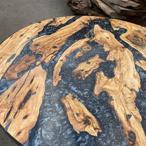 Olive Wood Epoxy Table, Olive Wood Coffee Table, Custom 50” Diameter Round Table, Olive Wood Metallic Gray Epoxy Table, Order for William