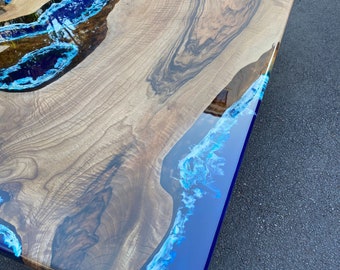 Walnut Dining Table, Custom 96” x 42” Walnut Ocean Blue, White Epoxy Table, Epoxy River Dining Table, River Table, Custom Order for Nicole S