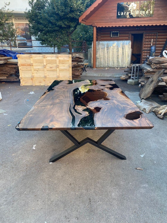 Epoxy Resin Table Custom 115 X 58 Walnut Black Epoxy Dining Table