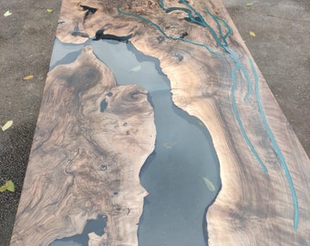 Walnut Dining Table, Epoxy Resin Table, Custom 70” x 36” Walnut Smokey Gray Table,  Epoxy River Phosphorus Glowing Table, Order for Suzette