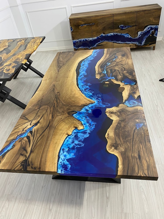 Epoxy Table, Custom 80” X 44” Walnut Blue and White Swirls
