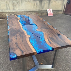 Handmade Epoxy Table, Custom 72” x 42” Walnut Deep Dark Blue and White Swirls Table, Epoxy Dining Table, Live Edge Table, Order for Marta