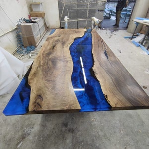 River Table, Custom 90” X 45” Walnut Deep Blue With Ocean Waves, Epoxy ...