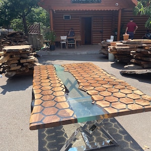 Custom 84” x 48” Walnut Clear Epoxy Table, Hexagon Honeycomb Table, Clear Resin Walnut Table, Handmade Epoxy Table, Unique Table for Cianna