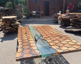 Custom 84” x 48” Walnut Clear Epoxy Table, Hexagon Honeycomb Table, Clear Resin Walnut Table, Handmade Epoxy Table, Unique Table for Cianna