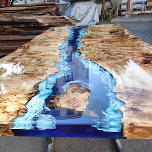 Poplar Table, Epoxy Resin Table, Custom 88” x 42” Poplar Wood Table, Shiny Ocean Blue Table, Epoxy River Table, Custom Order for Natalie