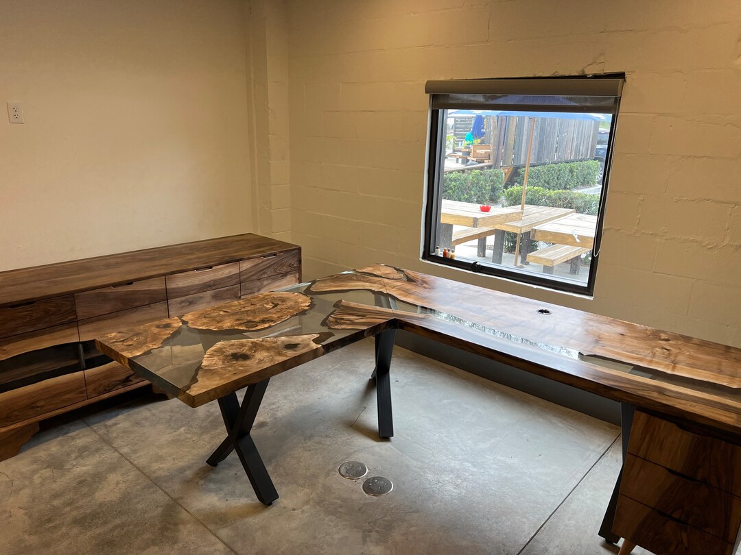 L Shape Epoxy Table, Custom 90 X 72 X 30 Walnut Wood Clear Epoxy Office