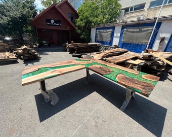 River L Shape Table, Custom 96” x 96” x 30” Walnut Wood Mostly Green River with Gold or Yellow mixed Epoxy Office Desk Order for Aaron