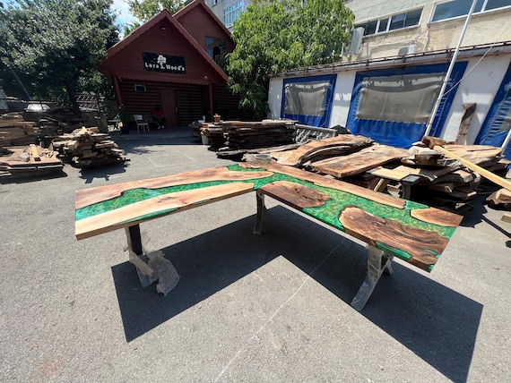 River L Shape Table Custom 96 X 96 X 30 Walnut Wood Mostly Green