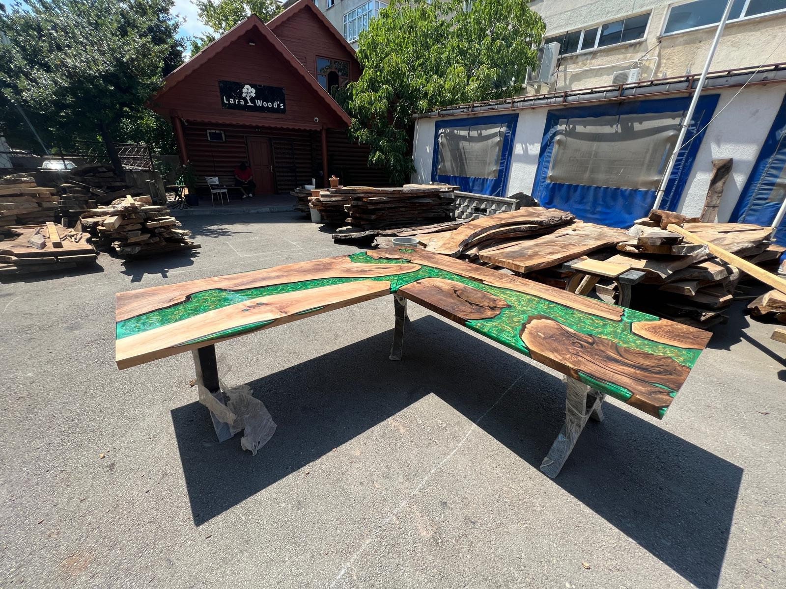 River L Shape Table, Custom 96” X 96” X 30” Walnut Wood Mostly