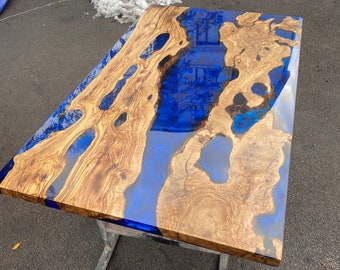 Handmade Epoxy Table, Custom 60” x 36” Olive Wood Blue, Turquoise Epoxy Table, Epoxy River Table, Live Edge Table, Custom Order for Selina A