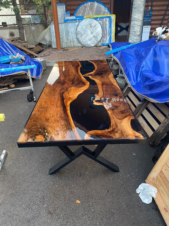 Custom Epoxy Resin Table, Custom 96” X 40” Unique Walnut Shiny