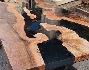 Walnut Dining Table, Custom 72" x 36" Walnut Black Epoxy River Table, River Table, Live Edge Table for Cassandra