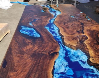 Walnut Dining Table, Live Edge Table, Custom 96” x 48” Walnut Wood Deep Blue and Turquoise, White Waves Table, Epoxy Table, for Alejandro
