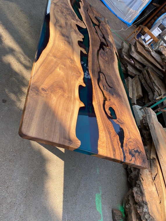 7' 6 x 40 Maple Tabletop with Turquoise Blue Epoxy River