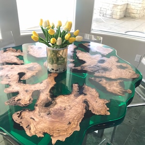 Epoxy Dining Table, Epoxy Resin Table, Custom 54” Diameter Round Olive Table, Turquoise Green Epoxy Irregular Table, Custom Order for Marlyn
