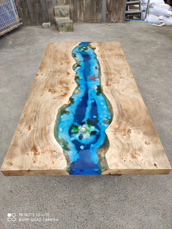 7' 6 x 40 Maple Tabletop with Turquoise Blue Epoxy River