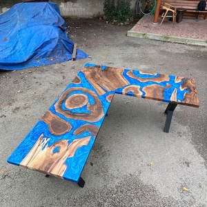 Custom 90” x 78” x 30”D Walnut Wood Epoxy Blue, Turquoise, Green River L shape Office Desk Table Order for Nicholas