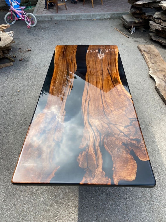 7' 6 x 40 Maple Tabletop with Turquoise Blue Epoxy River