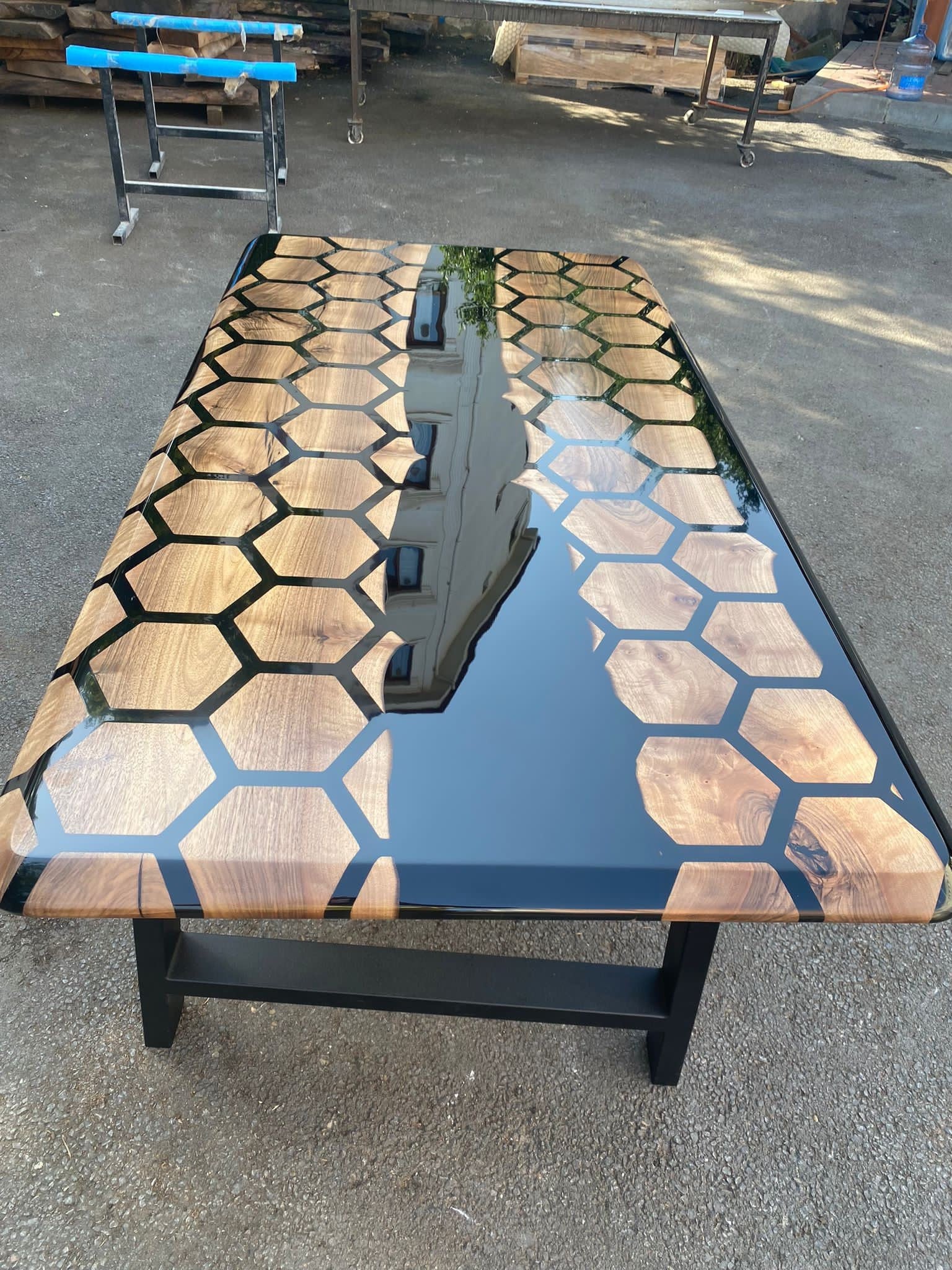 Hexagon Epoxy Table, Epoxy Dining Table, Walnut Epoxy River Table 