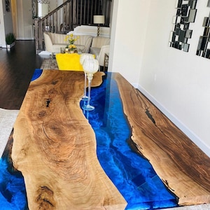 River Table, Custom 90” X 45” Walnut Deep Blue With Ocean Waves, Epoxy ...