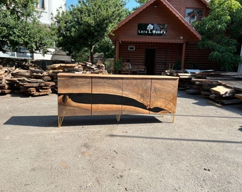 Black Epoxy Resin Credenza, Custom 82”L x 20”D x 36”H Walnut Credenza, Wood Credenza, Walnut Epoxy Credenza Order for Hope