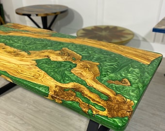 Epoxy Resin Table, Custom 80” x 36” Olive Emerald Green Table, Epoxy River Dining Table, Live Edge Table, Olive Wood Table, Order for Kerry
