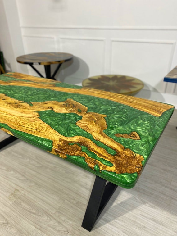 Live Edge Olive Epoxy Table Resin Dining Table | Iron's Custom Wood