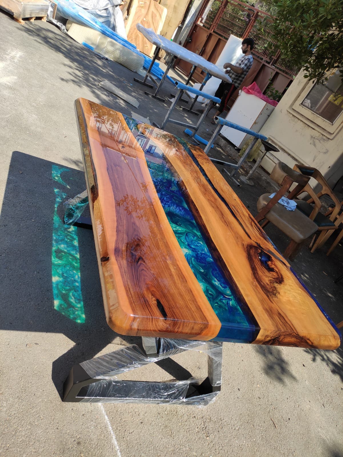 Walnut Dining Table, Epoxy Resin Table, Custom 72” x 72” Walnut Blue,  Turquoise, Green Table, Epoxy Dining Table, Custom for Tina B 1