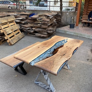 Walnut Dining Table, Live Edge Epoxy Resin Table, Custom 60” x 32” Walnut Blue Gray Table, Epoxy Dining Table, Custom for Mark B