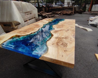 Ocean Table, Custom 72” x 42” Poplar Ocean Blue, Turquoise White