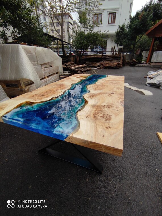 Ocean Table, Custom 72” x 42” Poplar Ocean Blue, Turquoise White