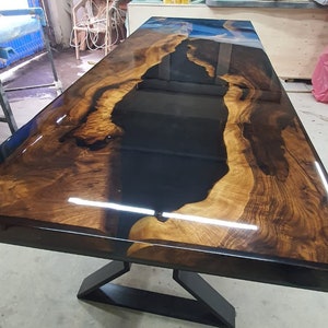 Epoxy Dining Table, Custom 84” x 30” Walnut Shiny Black Table, Epoxy Resin Table, Live Edge Table, Custom Order for Kim
