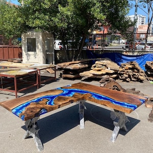 River L Shape Table, Custom 80” x 68” x 32” Walnut Wood Ocean Bljue Epoxy Office Desk Order for Brandon F