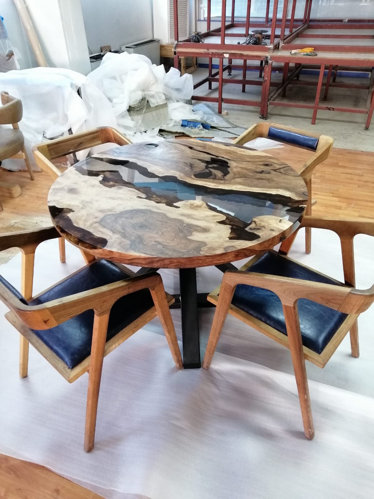 Round Dining Table, Custom 48” Round Walnut Transparent Light Sky Blue ...