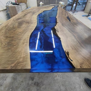 River Table, Custom 90” X 45” Walnut Deep Blue With Ocean Waves, Epoxy ...