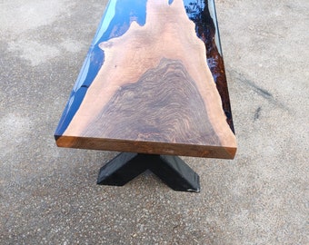 Walnut Epoxy Table, Custom 58” x 17” Walnut Smokey Table, Epoxy River Bench, Live Edge Table, Custom Order for Corsetti