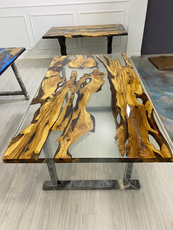 Live edge Clear Epoxy Table made from olive wood | Iron's Custom Wood