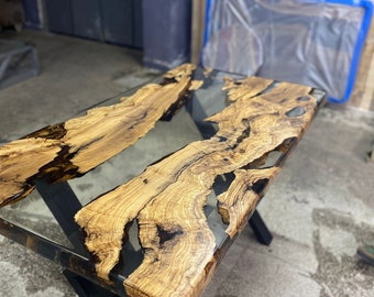 Olive Wood Epoxy Table, Custom 55” x 30” Olive Wood Table, Clear Epoxy Dining Table, Live Edge Table, Custom Order for Dominique