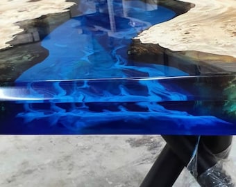 Live Edge Table, Epoxy Dining Table, Epoxy Resin Table, Custom 48” x 48” Poplar Wood Blue Epoxy Table, River Table, Custom Order for Paul