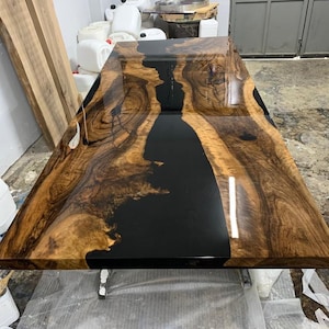 Walnut Dining Table, Custom 96” x 40” Unique Walnut Table, Black Epoxy River Table, River Shiny Dining Table, Custom Order for Cindy W