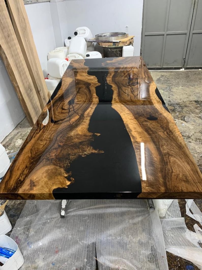 Black Olive Wood Epoxy Resin Dining Tree Table Live Edge Black Epoxy Tree