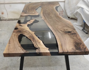 Walnut Dining Table, Clear Epoxy Table, Custom 90” x 35” Walnut Smokey Gray Table, Epoxy River Dining Table, Custom Order for Juan