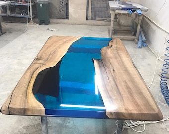 Handmade Epoxy Table, Custom 60” x 36” Walnut Sky Blue Table, Epoxy River Dining Table, Live Edge Table, Wooden Table, Order for Corey