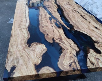 Olive Wood Dining Table, Epoxy Resin Table, Custom 65" x 40" Olive Wood Table, Blue Epoxy Table, Live Edge Table, Custom Order for Sabrina