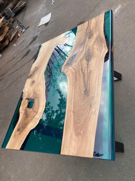 Epoxy Resin Table, Live Edge Table, Custom 75” x 40” Walnut Wood Deep Blue  and Turquoise, White Epoxy Table, Wooden Table, for Rick S
